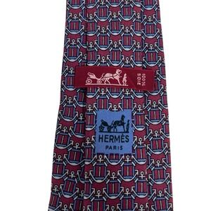 Hermes Mens Tie Geometric Anchors Burgundy/Blue Silk 908 HA 3" (W) x 56" (L) guc